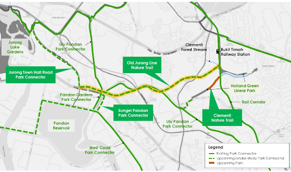 Map of Singapore's park connectors, including existing, upcoming, and under-study paths and parks like Jurong Lake Gardens and Clementi Nature Trail.
